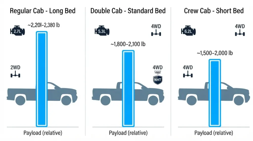Vector diagram comparing 2026 Silverado 1500 payload across Regular Cab, Double Cab and Crew Cab configurations