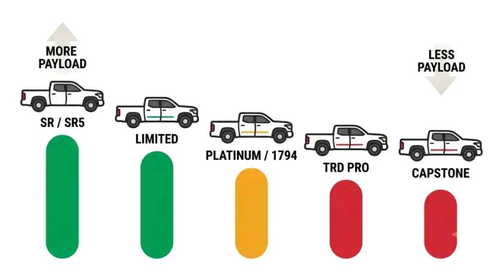 2026 Toyota Tundra Payload by trim chart from SR and SR5 to Capstone