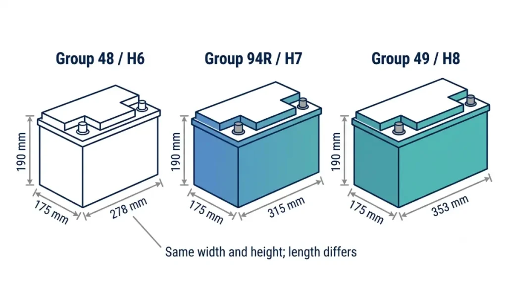 Silverado 1500 Battery size guide comparing Group 48, 94R, and 49 case lengths