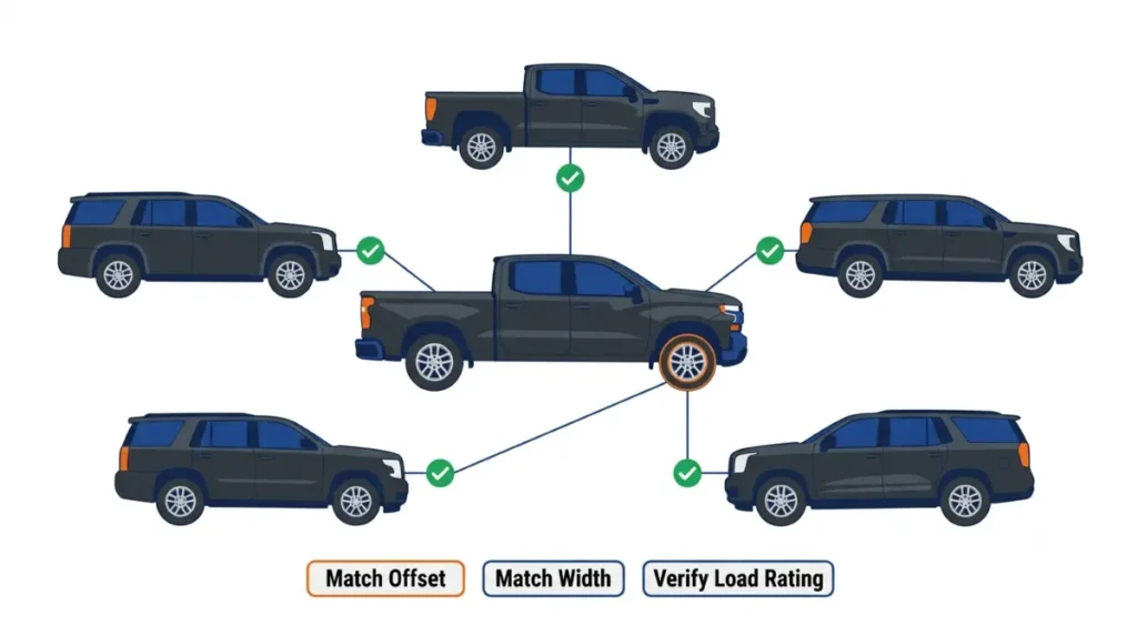 Wheels from Sierra, Tahoe, Suburban, Yukon and Escalade may share Silverado 1500 fitment basics but require offset and load checks.