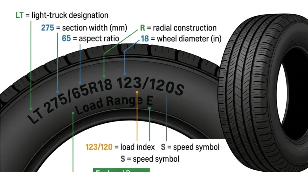 Silverado 1500 Tire sidewall diagram labeling tire size, load index, speed symbol, and LT designation.