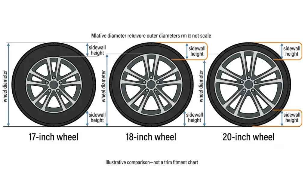 Silverado 1500 Tire diagram comparing 17-, 18-, and 20-inch wheels and tire sidewall profiles.