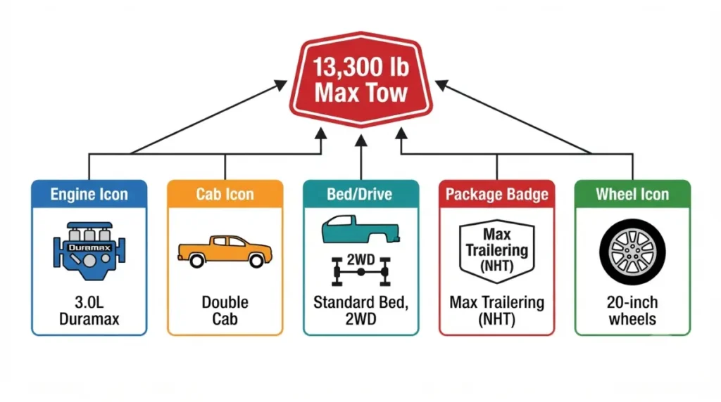 “Vector flowchart showing the five conditions required for a 2026 Silverado 1500 to reach 13,300 lb towing with the Max Trailering Package: Duramax, Double Cab, Standard Bed 2WD, NHT, and 20‑inch wheels.”