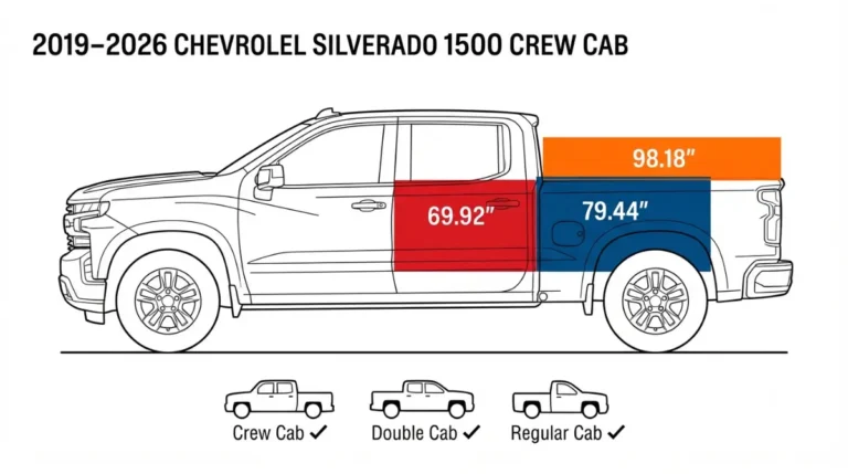 Vector illustration showing Silverado 1500 short, standard, and long bed lengths with measurements and cab compatibility