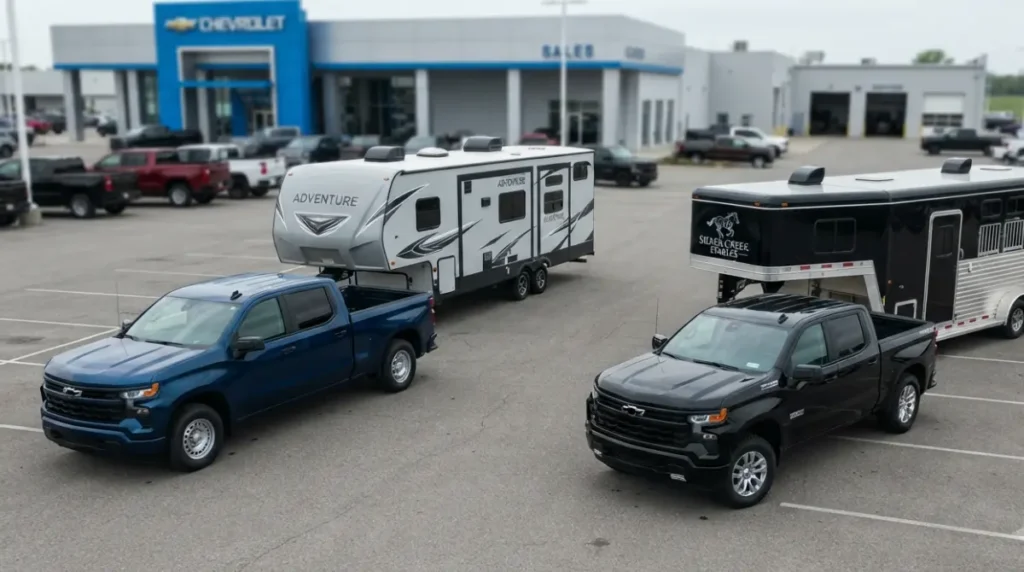 Two Silverado 1500 configurations (Double Cab 2WD and Crew Cab 4×4) set up for gooseneck and fifth‑wheel towing