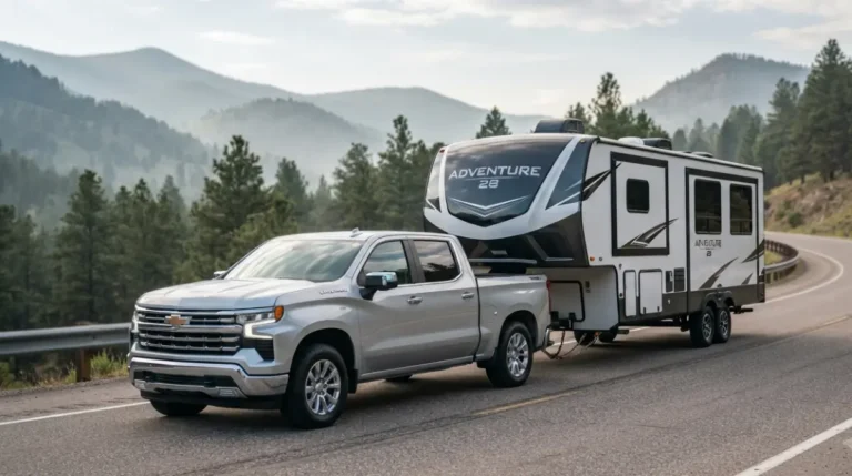 2025 Chevrolet Silverado 1500 towing a fifth‑wheel travel trailer on a mountain highway