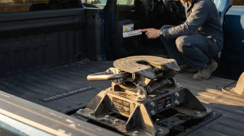 Close‑up of a fifth‑wheel kingpin in a Silverado 1500 bed with an owner checking the door‑jamb trailering label