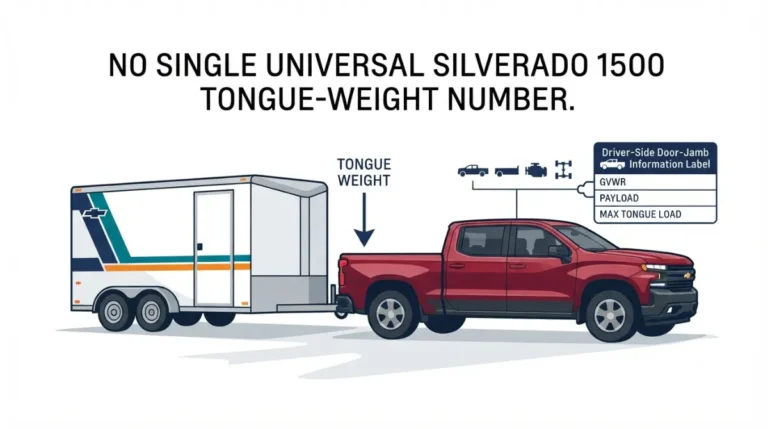 1500 Tongue Weight guide showing a Silverado 1500 towing a trailer with a door-jamb rating label.