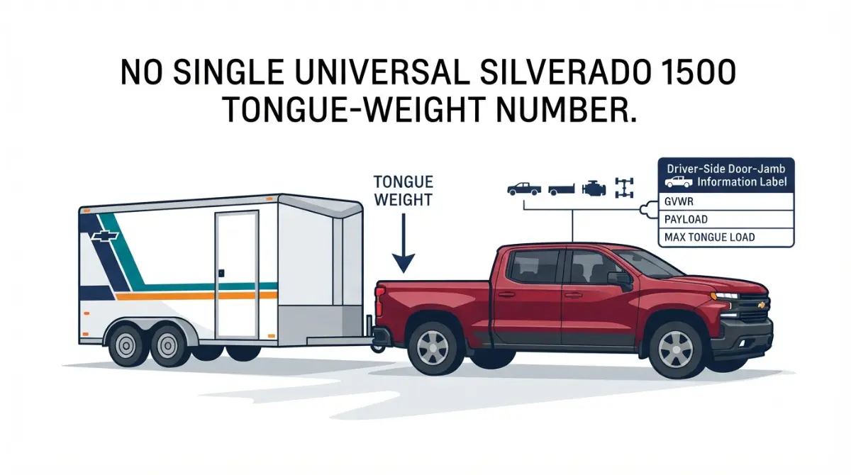 1500 Tongue Weight guide showing a Silverado 1500 towing a trailer with a door-jamb rating label.