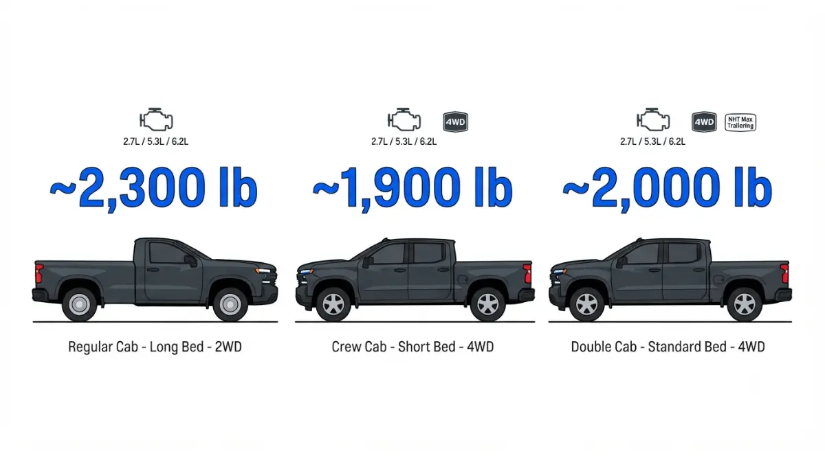 Vector illustration showing how Silverado 1500 payload changes with cab, bed, drivetrain, engine and package