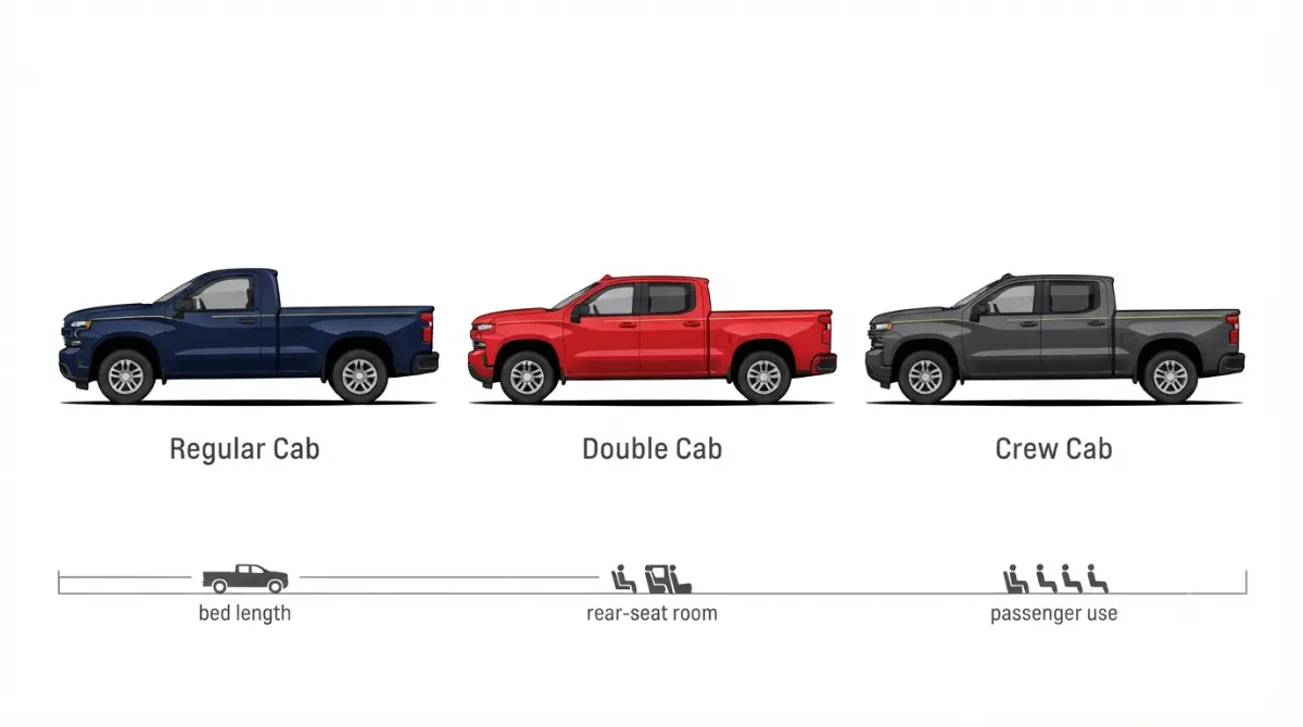 Silverado 1500 Regular Cab, Double Cab, and Crew Cab comparison showing different bed lengths and passenger uses
