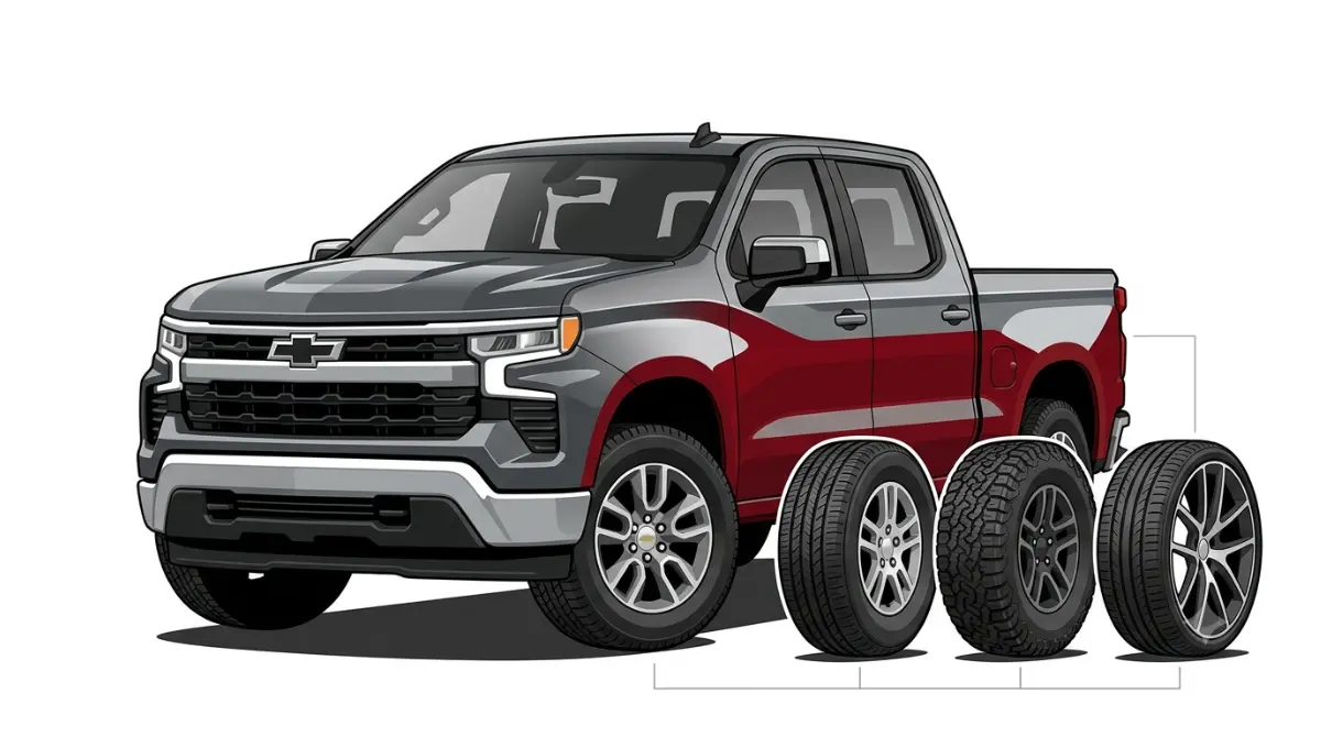Silverado 1500 Tire fitment overview with a pickup and three tire-and-wheel setups.
