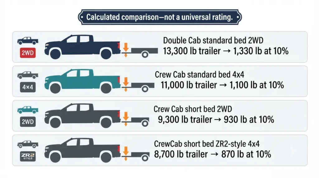 1500 Tongue Weight comparison showing different Silverado 1500 configurations and calculated tongue-weight ceilings.