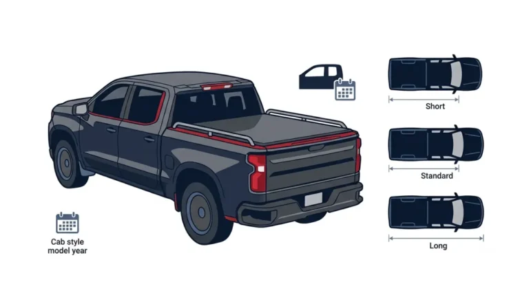 Cover Fit overview showing a pickup bed with a tonneau cover and short, standard, and long bed shapes.