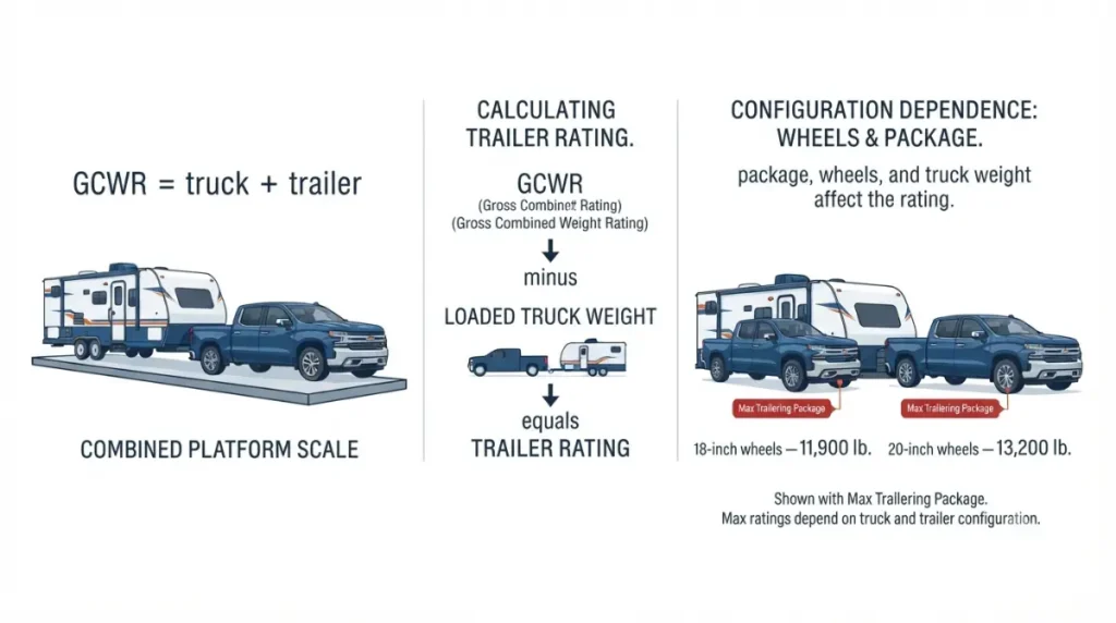 Silverado 1500 towing depends on GCWR, truck weight, Max Trailering equipment, and wheel size