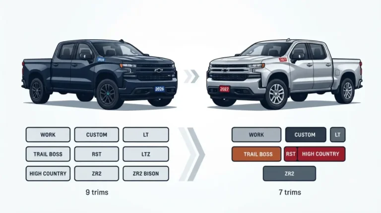 Silverado 1500 Trim comparison showing the 2026 and 2027 lineups