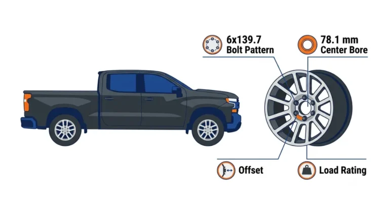 Wheels for a Chevrolet Silverado 1500 must match bolt pattern, center bore, lug seat, offset and load rating.
