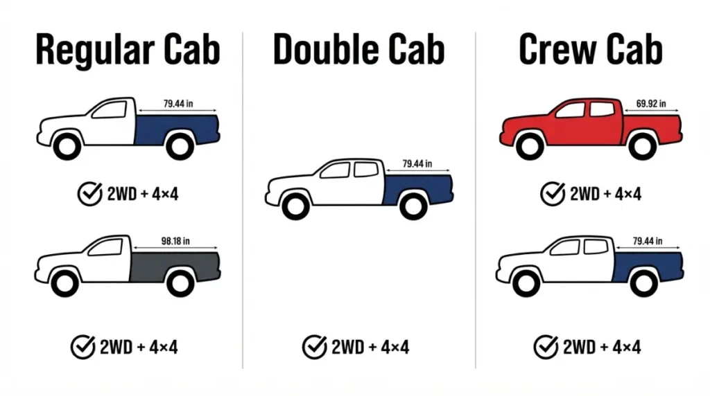 “2026 Silverado cab and bed pairing matrix showing Regular Cab, Double Cab, Crew Cab options”