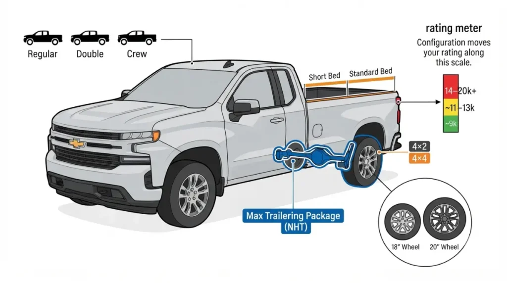 Diagram showing how cab, bed, drivetrain, wheels and Max Trailering Package change Silverado 1500 vs 2500HD towing ratings.