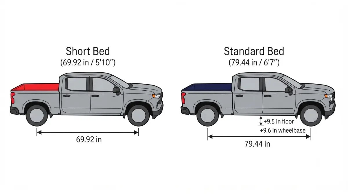“2026 Chevy Silverado Crew Cab short bed vs standard bed side-by-side vector comparison diagram”