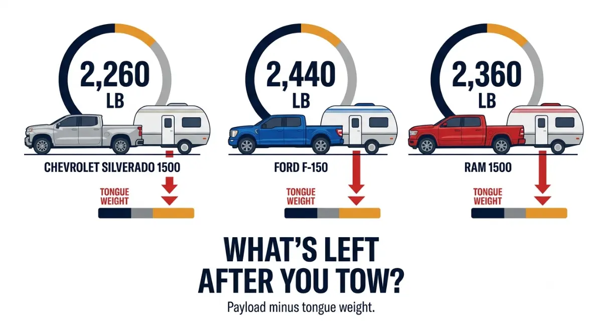 Silverado 1500, Ford F-150, and Ram 1500 payload remaining after trailer tongue weight vector infographic
