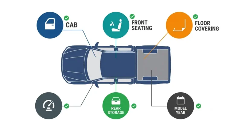 Vector infographic showing the five checks for Chevrolet Silverado 1500 floor Liners fitment: cab type, front seating, floor covering, rear storage, and model year.