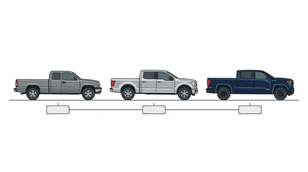 Timeline vector illustration of the 2019 Silverado 1500 LD, 2022 Silverado LTD, and refreshed 2022 Silverado on a white background.