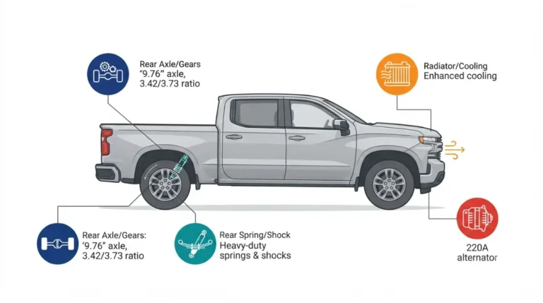 “Vector diagram of a Silverado 1500 showing the Max Trailering Package components: rear axle, cooling, springs, shocks, and alternator.”