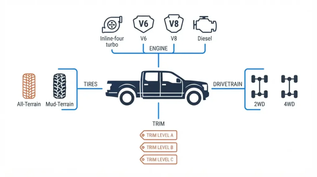 Silverado 1500 MPG diagram showing how engine, drivetrain, trim, and tires affect ratings.