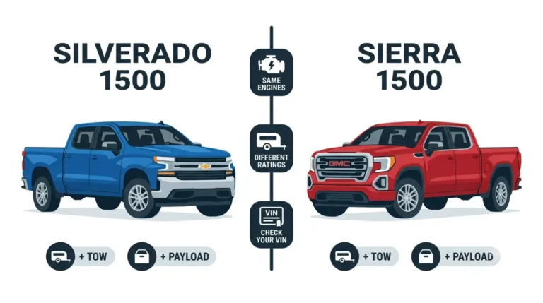 Silverado vs Sierra 1500 comparison illustration showing shared engines but different tow and payload ratings