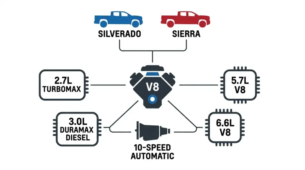 Silverado vs Sierra engine comparison diagram showing four shared engines and a 10-speed automatic transmission