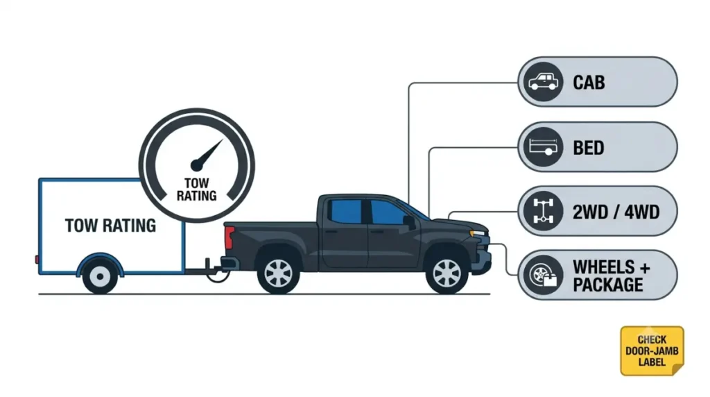 Silverado vs Sierra tow rating illustration explaining how cab, bed, drivetrain, wheels, and packages change towing capacity