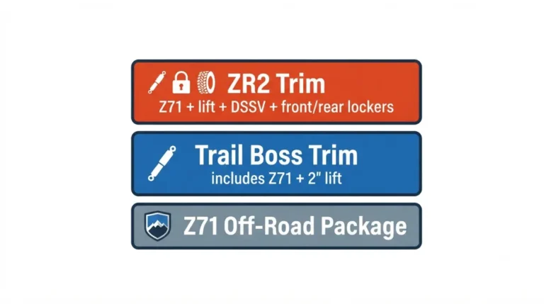 Vector diagram explaining Z71 vs Trail Boss and ZR2 hierarchy on Silverado 1500, showing Z71 as a package and Trail Boss and ZR2 as trims