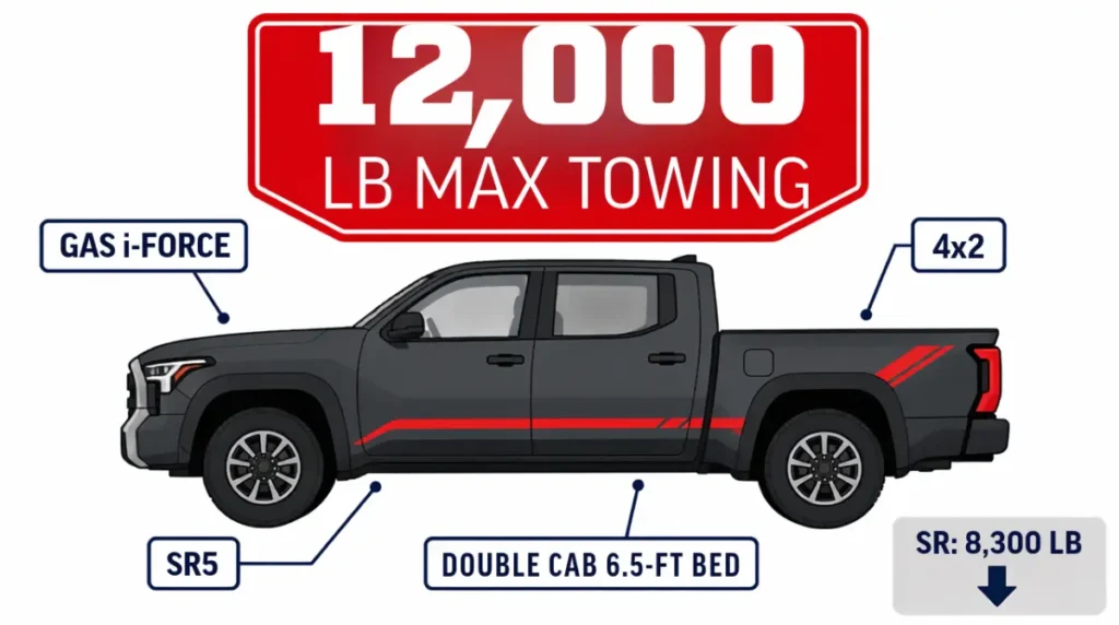 Toyota Tundra 12,000-pound maximum towing configuration: gas i-FORCE SR5 4x2 Double Cab with 6.5-foot bed.