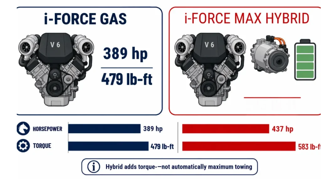 Toyota Tundra i-FORCE gas V6 compared with the i-FORCE MAX hybrid powertrain, showing horsepower, torque, electric motor and battery.