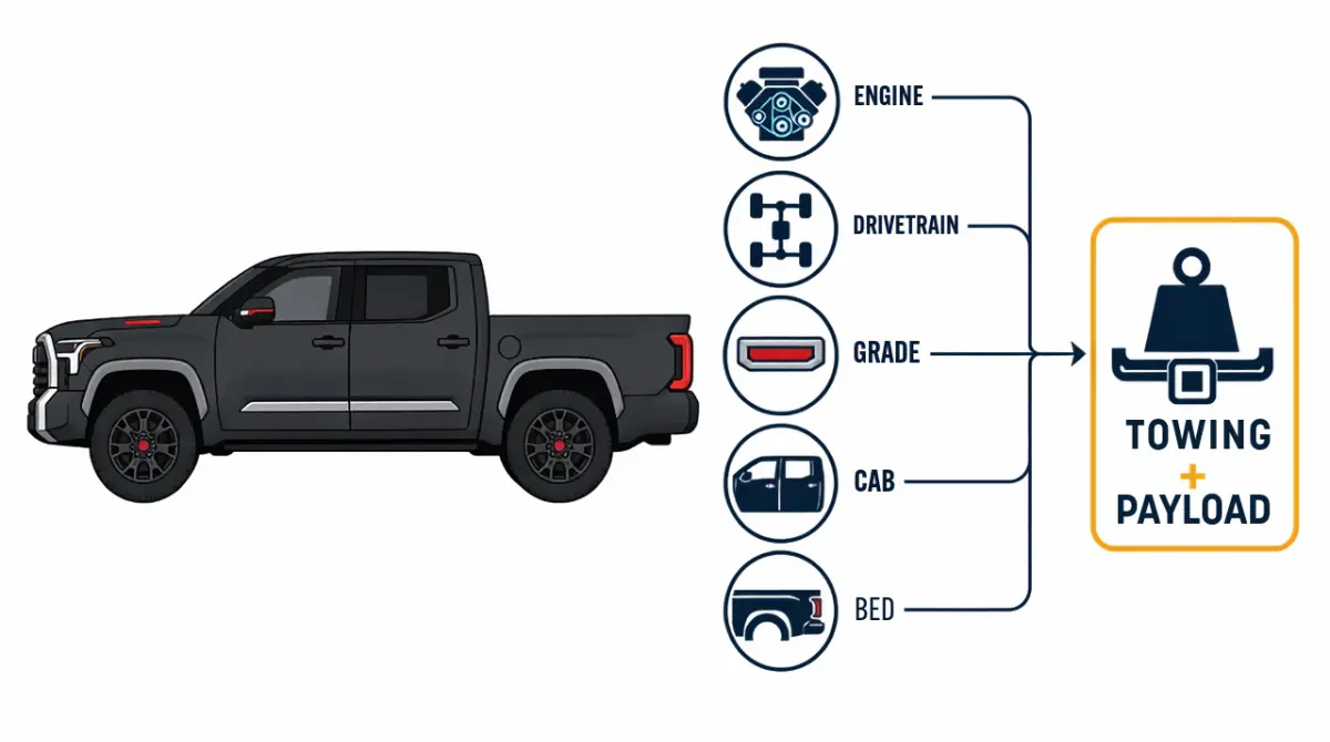 n, grade, cab and bed choices determine towing and payload ratings.