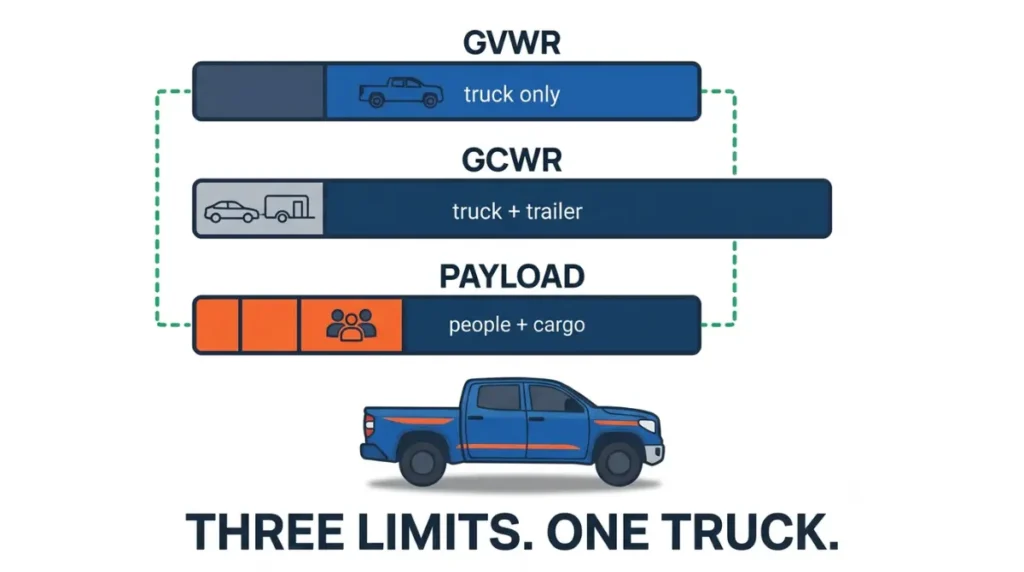 Vector stacked bar chart comparing Tundra GVWR, GCWR, and payload limits, with tongue weight and cargo shown as separate segments