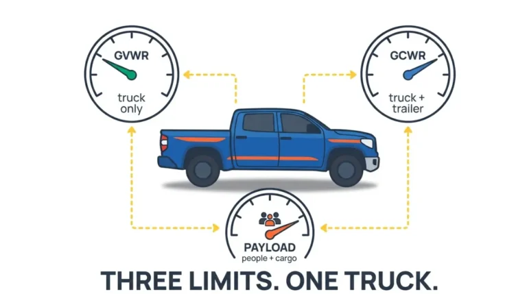 Vector illustration of a Toyota Tundra truck surrounded by three weight limit gauges labeled Tundra GVWR, GCWR, and payload, showing they are separate limits