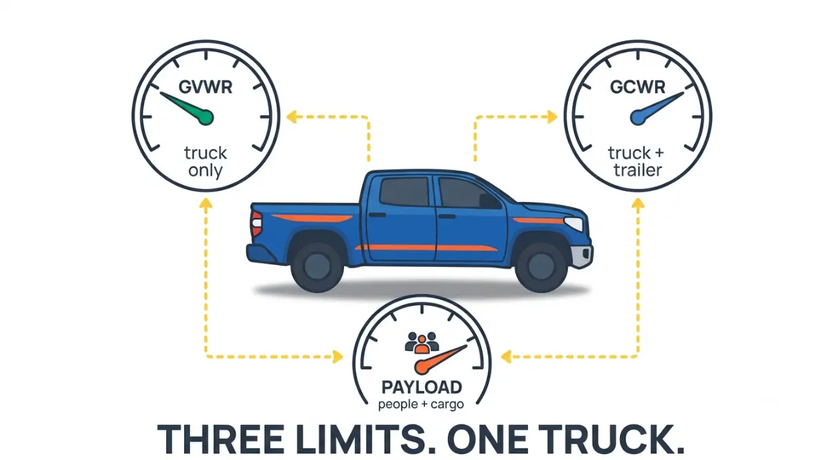 Vector illustration of a Toyota Tundra truck surrounded by three weight limit gauges labeled Tundra GVWR, GCWR, and payload, showing they are separate limits