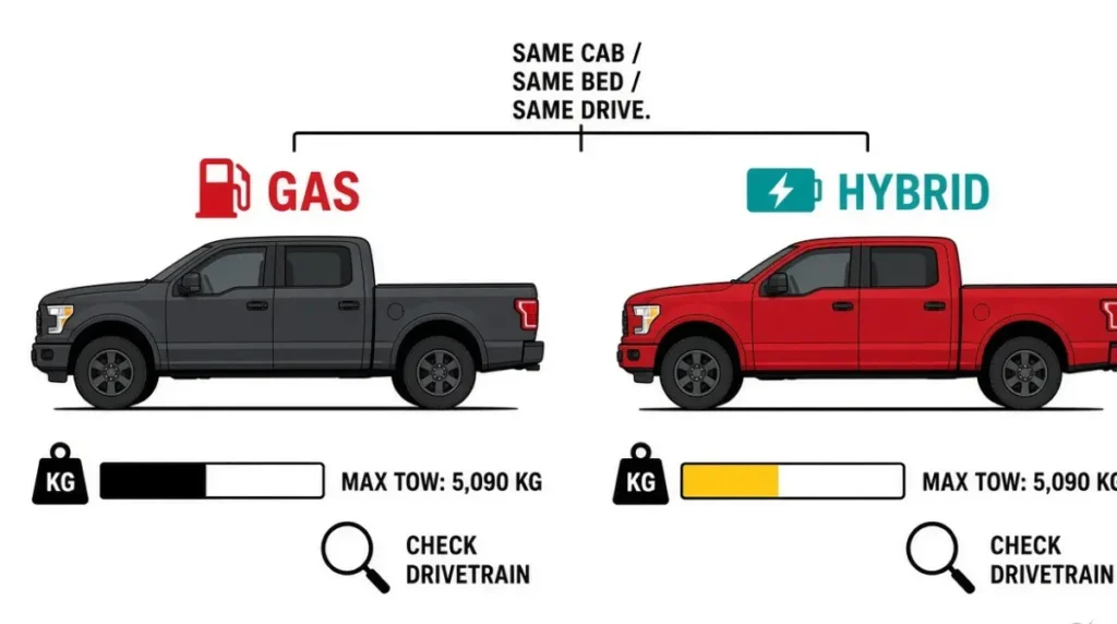 Tundra Hybrid and gas towing comparison in the same cab bed and drivetrain configuration
