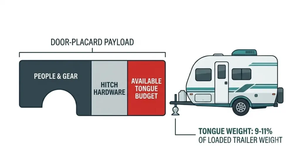 Tundra Tow diagram showing how passengers, gear, and hitch hardware reduce payload available for travel-trailer tongue weight.