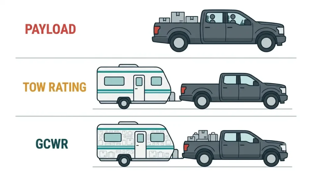 Tundra Tow infographic comparing Toyota Tundra payload, tow rating, and gross combined weight rating for travel trailers.