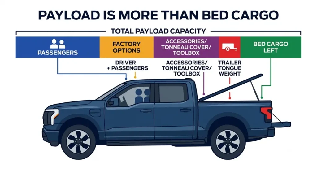 Silverado truck payload capacity used by passengers, options, accessories, and tongue weight vector infographic