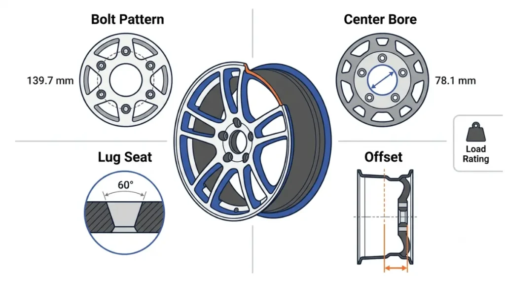 Wheels fit correctly only when bolt pattern, center bore, lug seat, offset and load rating match the vehicle.