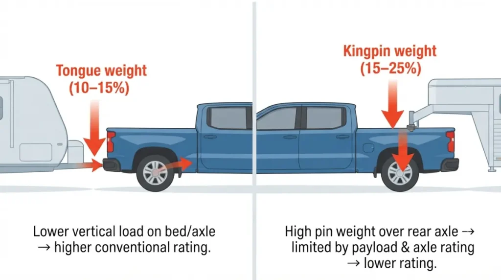 Comparison of conventional vs gooseneck towing on Silverado 1500 vs 2500HD, showing how kingpin weight loads the bed and rear axle.
